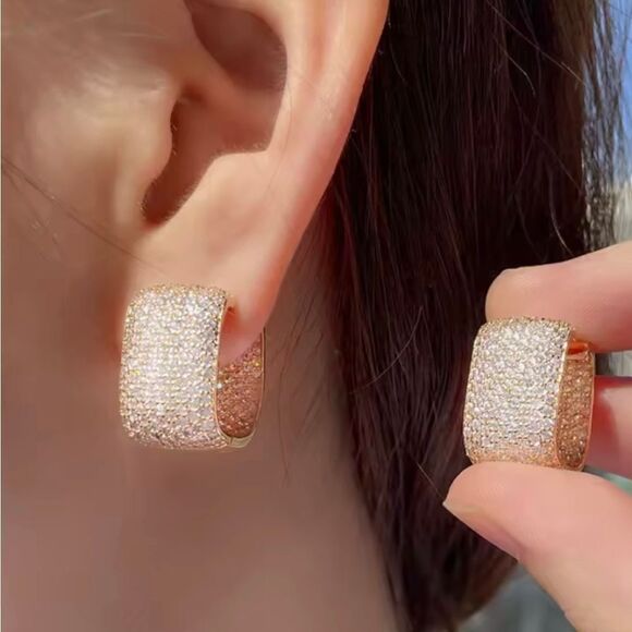 Rose Gold Cluster Pave Diamond Oblong Mod Huggie Hoop Earrings - Picture 4 of 5